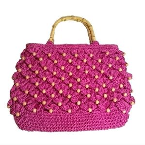 Pink Paper Straw Satchel | EUC Bamboo Shaped Handles | Beaded